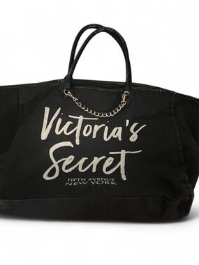Victoria's Secret Black Tote with Cream Logo and Gold Chain